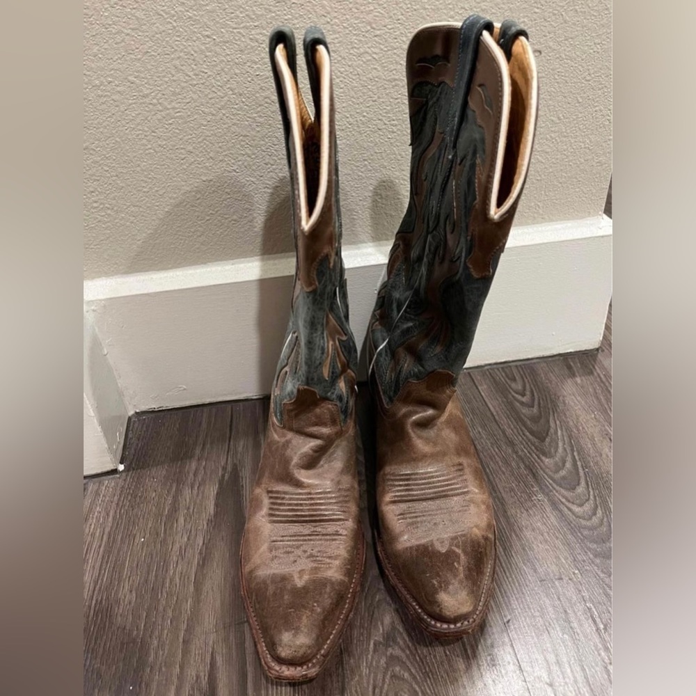 Brown & blue leather cowgirl boots